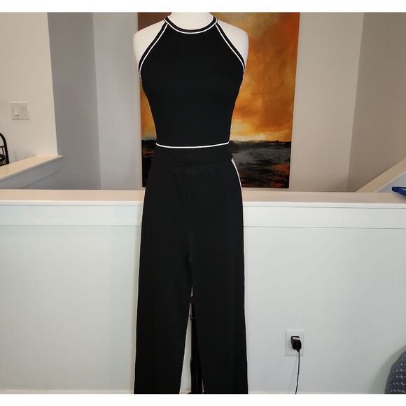 RIVIR Black With White Trim Halter Top With Pants Size S - Picture 1 of 6